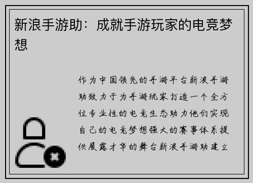 新浪手游助：成就手游玩家的电竞梦想