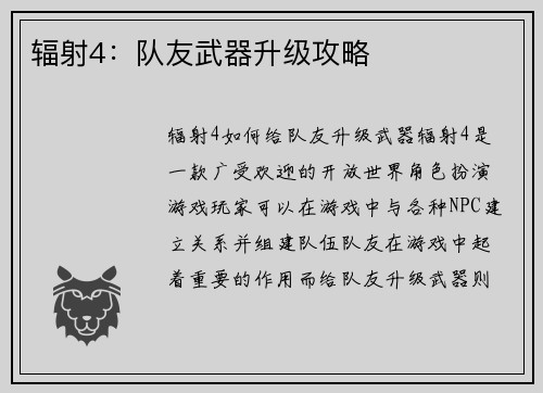 辐射4：队友武器升级攻略